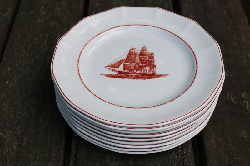 photo of vintage Wedgwood Flying Cloud rare rust red color clipper ships print ironstone china, large dinner plates  #8