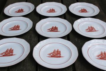 catalog photo of vintage Wedgwood Flying Cloud rare rust red color clipper ships print ironstone china, large dinner plates 