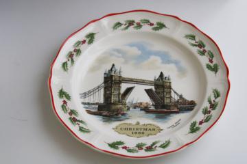 catalog photo of vintage Wedgwood Queens Ware Christmas plate, print holly border, Alan Price London Tower Bridge