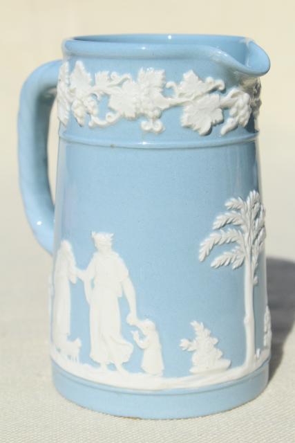 photo of vintage Wedgwood Queen's Ware embossed china, mini blue & white cream pitcher #1