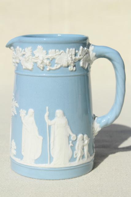 photo of vintage Wedgwood Queen's Ware embossed china, mini blue & white cream pitcher #2