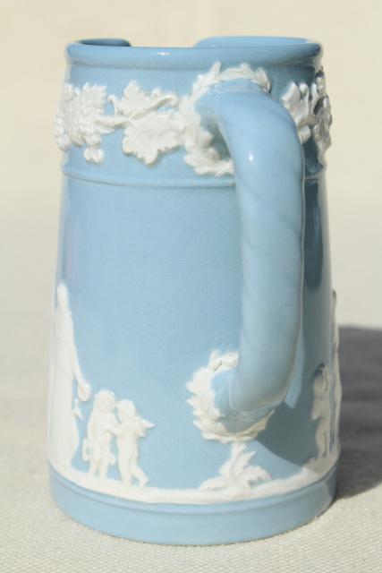 photo of vintage Wedgwood Queen's Ware embossed china, mini blue & white cream pitcher #3