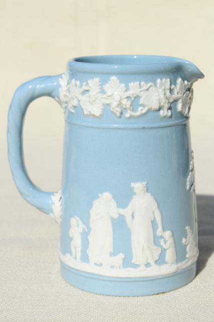 photo of vintage Wedgwood Queen's Ware embossed china, mini blue & white cream pitcher #4