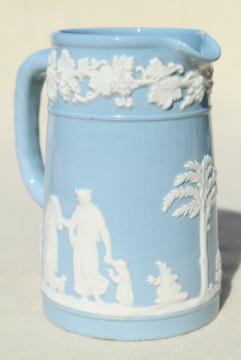 vintage Wedgwood Queen's Ware embossed china, mini blue & white cream pitcher