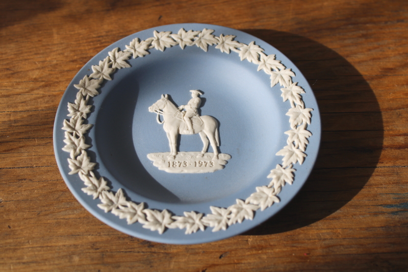 photo of vintage Wedgwood blue & white jasperware china trinket dish, Canadian Mounties 1873 1973 mounted police  #1