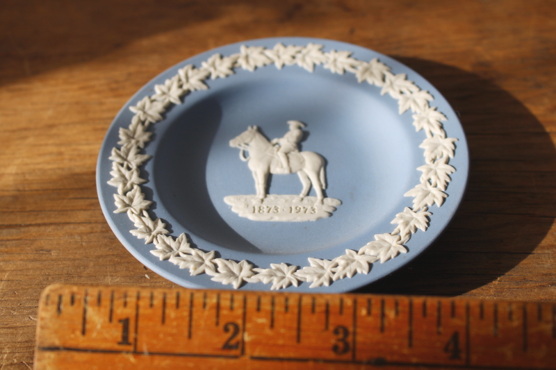 photo of vintage Wedgwood blue & white jasperware china trinket dish, Canadian Mounties 1873 1973 mounted police  #3