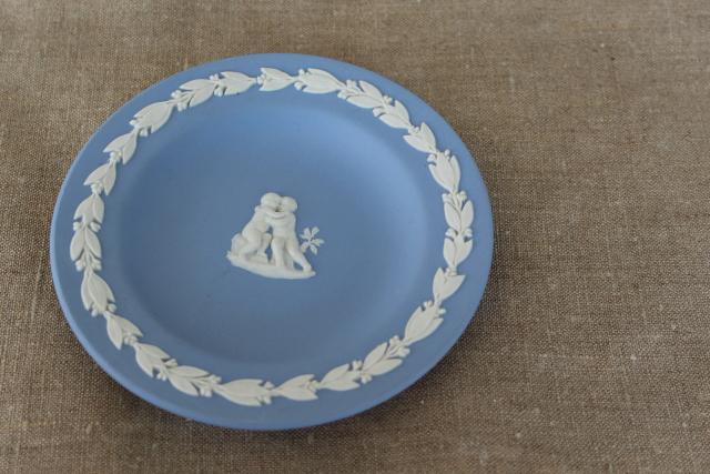 photo of vintage Wedgwood blue and white jasperware mini plate, 4" round tray Cupid #1