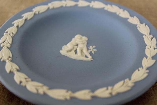 photo of vintage Wedgwood blue and white jasperware mini plate, 4" round tray Cupid #2