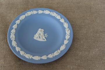 catalog photo of vintage Wedgwood blue and white jasperware mini plate, 4" round tray Cupid