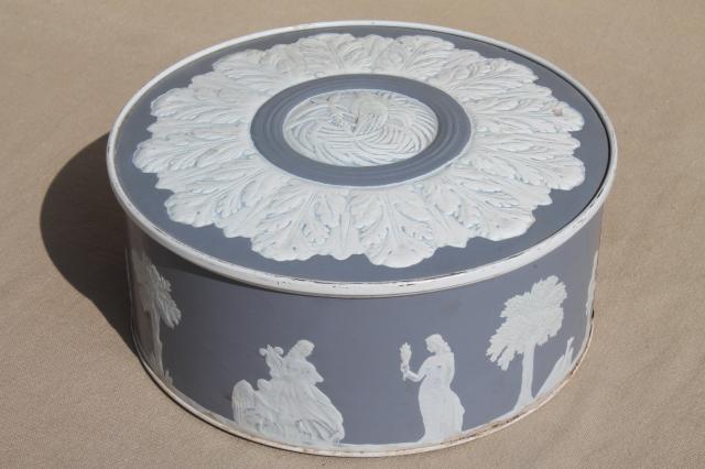 photo of vintage Wedgwood blue & white fruitcake tin, jasperware figures embossed paper covered box #1