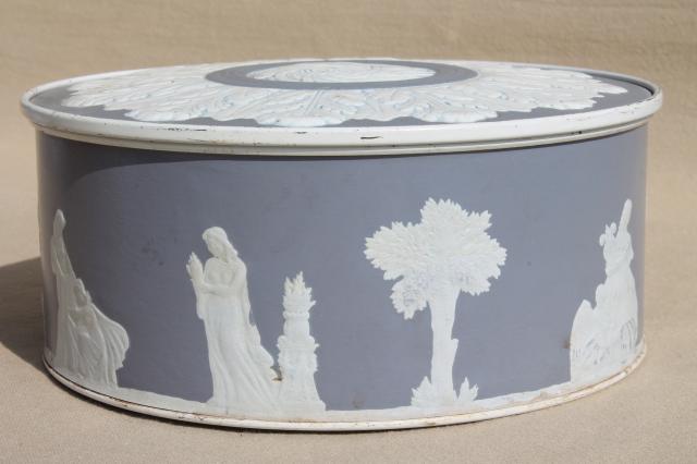 photo of vintage Wedgwood blue & white fruitcake tin, jasperware figures embossed paper covered box #4