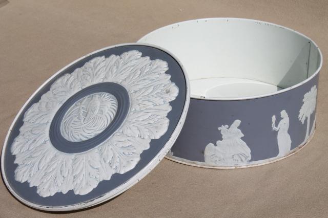 photo of vintage Wedgwood blue & white fruitcake tin, jasperware figures embossed paper covered box #5