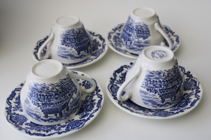 photo of vintage Wedgwood blue & white transferware china cups & saucers Royal Homes of Britain #2