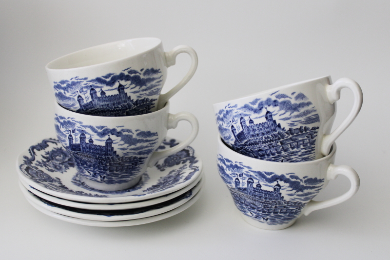 photo of vintage Wedgwood blue & white transferware china cups & saucers Royal Homes of Britain #7