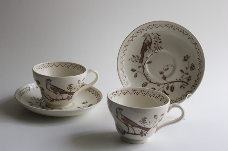 photo of vintage Wedgwood brown transferware tea cups & saucers Aviary birds Colonial Williamsburg  #1