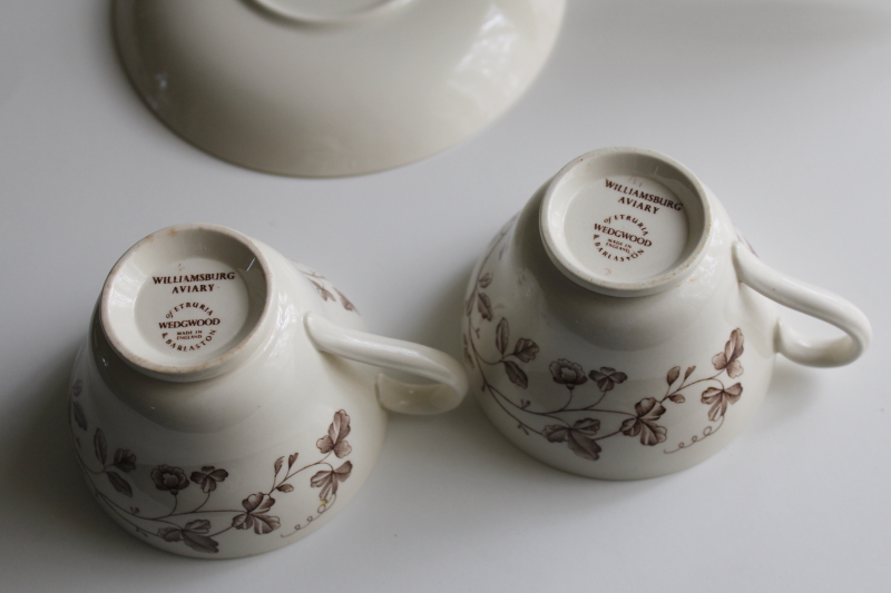 photo of vintage Wedgwood brown transferware tea cups & saucers Aviary birds Colonial Williamsburg  #4