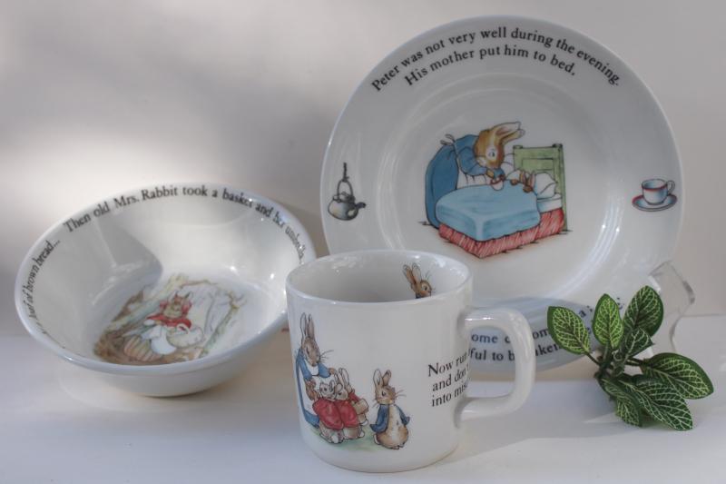 photo of vintage Wedgwood child's dishes set Peter Rabbit Beatrix Potter baby cup, bowl, plate #1