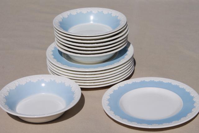 photo of vintage Wedgwood china bowls & plates, Albion blue & white Corinthian embossed border #1