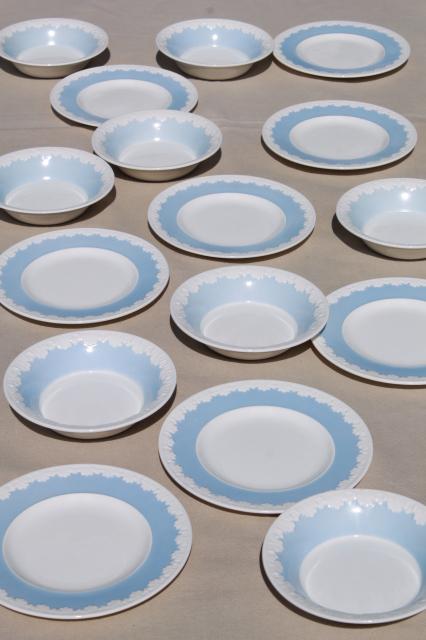 photo of vintage Wedgwood china bowls & plates, Albion blue & white Corinthian embossed border #3