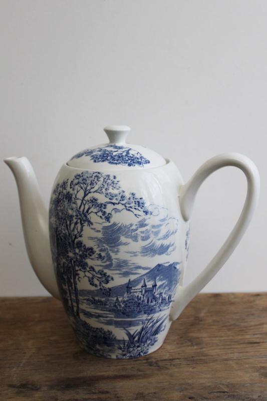 photo of vintage Wedgwood china coffee pot, Countryside blue & white pattern #1