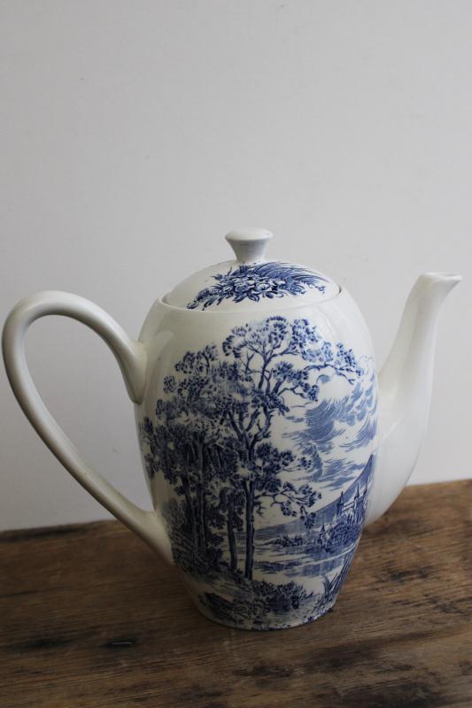 photo of vintage Wedgwood china coffee pot, Countryside blue & white pattern #3