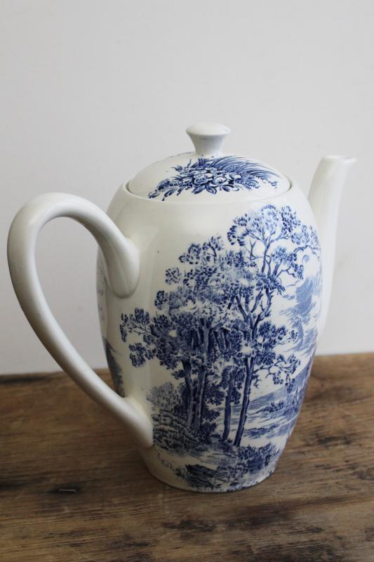 photo of vintage Wedgwood china coffee pot, Countryside blue & white pattern #9