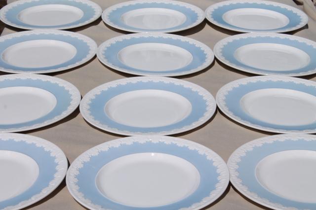 photo of vintage Wedgwood china dinner plates, Albion blue & white Corinthian embossed border #1