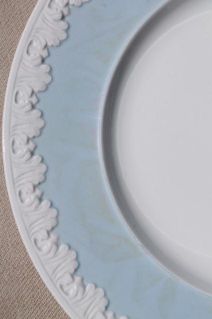 photo of vintage Wedgwood china dinner plates, Albion blue & white Corinthian embossed border #2