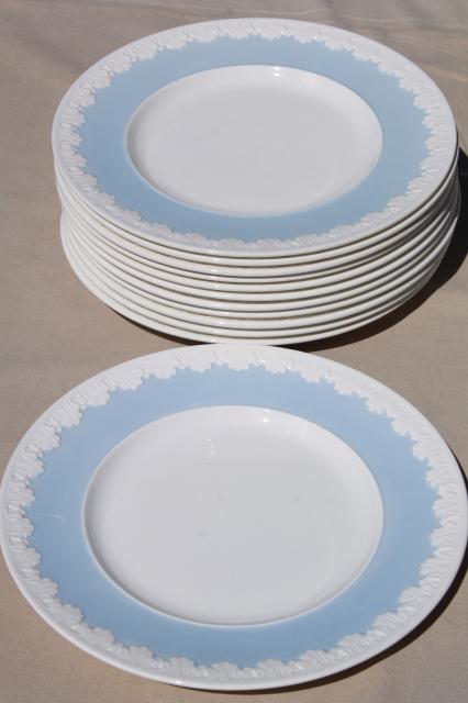 photo of vintage Wedgwood china dinner plates, Albion blue & white Corinthian embossed border #3