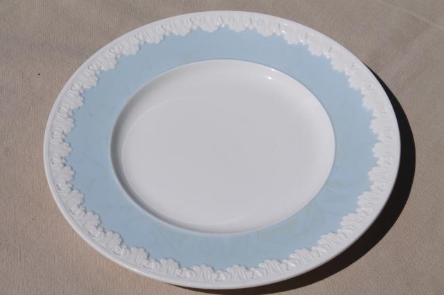 photo of vintage Wedgwood china dinner plates, Albion blue & white Corinthian embossed border #10