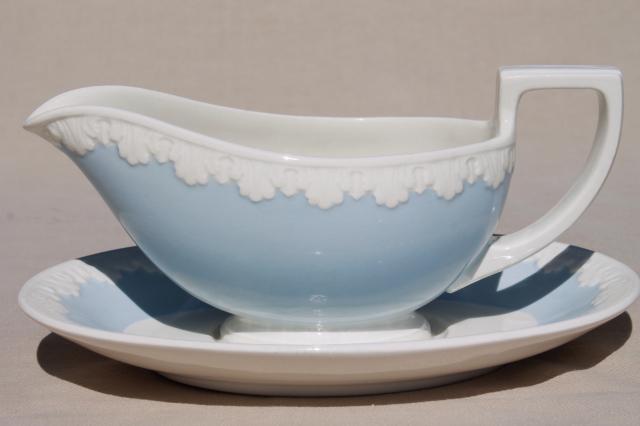 photo of vintage Wedgwood china gravy boat, Albion blue & white Corinthian embossed border #1