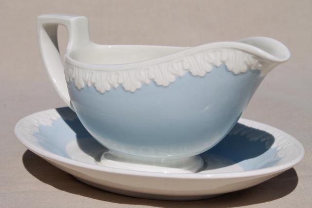 photo of vintage Wedgwood china gravy boat, Albion blue & white Corinthian embossed border #2