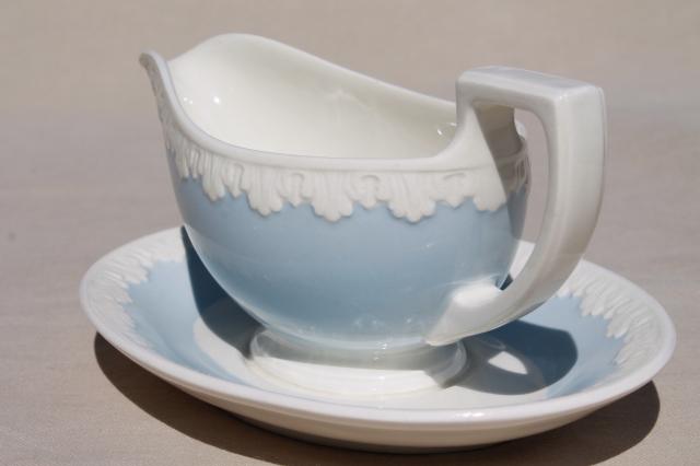 photo of vintage Wedgwood china gravy boat, Albion blue & white Corinthian embossed border #3