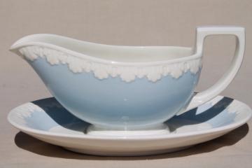 catalog photo of vintage Wedgwood china gravy boat, Albion blue & white Corinthian embossed border