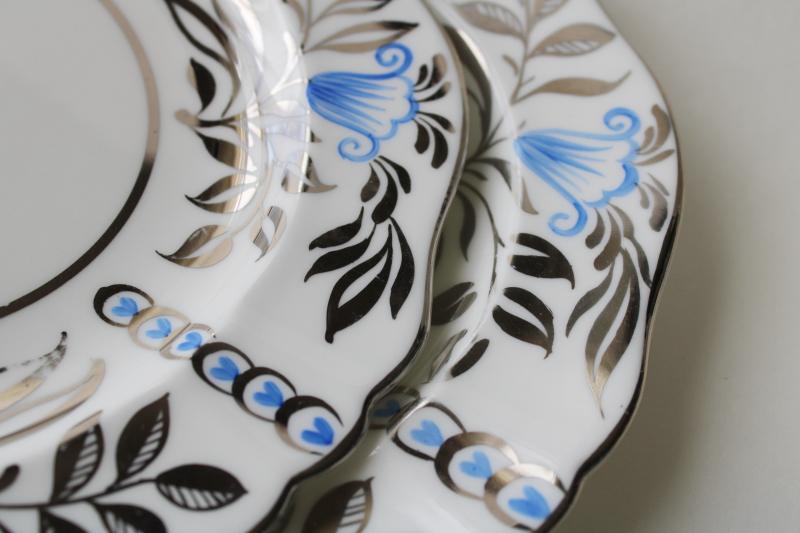 photo of vintage Wedgwood china salad plates hand painted blue & silver luster lustreware #3