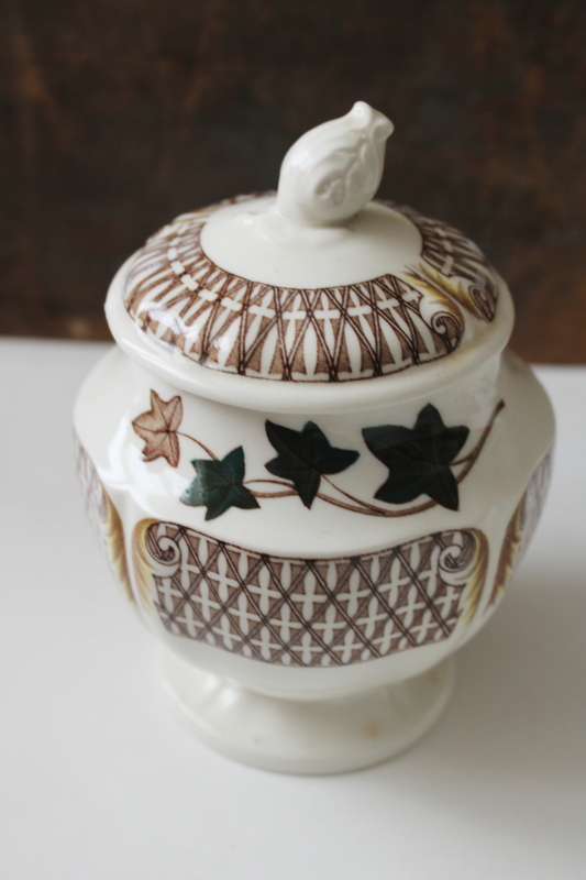 photo of vintage Wedgwood china sugar bowl, Avocado pattern shape, brown transferware w/ green ivy leaves  #1