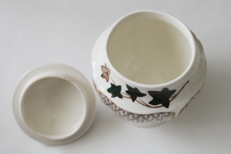 photo of vintage Wedgwood china sugar bowl, Avocado pattern shape, brown transferware w/ green ivy leaves  #2