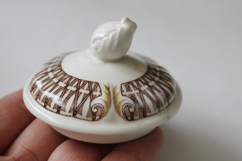 photo of vintage Wedgwood china sugar bowl, Avocado pattern shape, brown transferware w/ green ivy leaves  #5