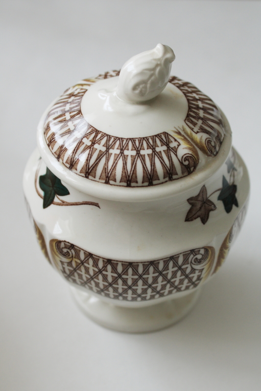photo of vintage Wedgwood china sugar bowl, Avocado pattern shape, brown transferware w/ green ivy leaves  #6
