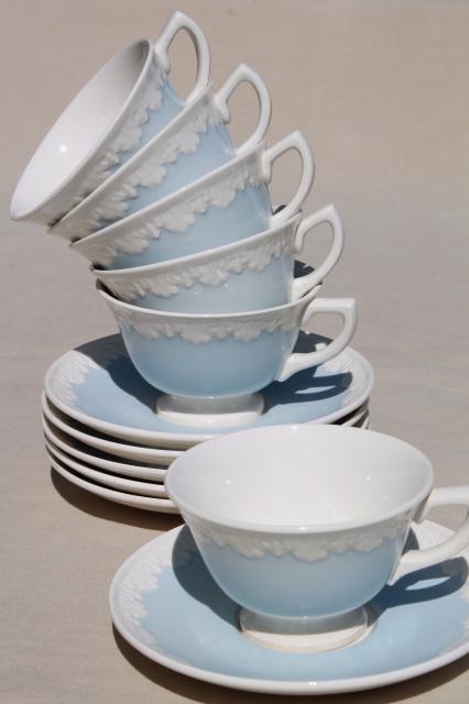 photo of vintage Wedgwood china tea cups & saucers, Albion blue & white Corinthian embossed border #1