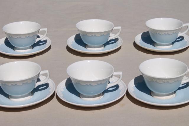 photo of vintage Wedgwood china tea cups & saucers, Albion blue & white Corinthian embossed border #3