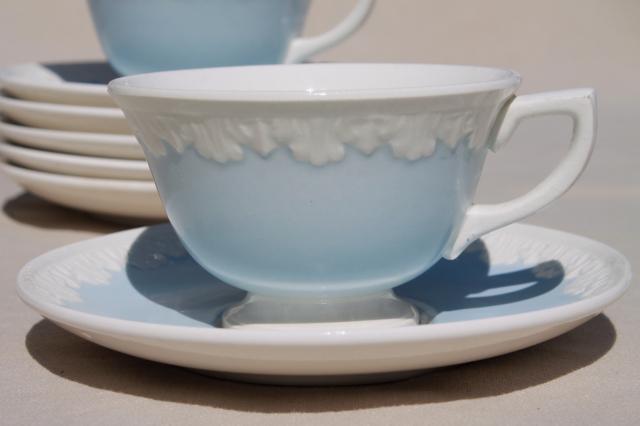 photo of vintage Wedgwood china tea cups & saucers, Albion blue & white Corinthian embossed border #4