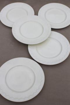 catalog photo of vintage Wedgwood creamware china dinner plates or chargers, plain embossed Corinthian border