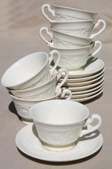 photo of vintage Wedgwood creamware ivory china cups & saucers, Patrician embossed border #1