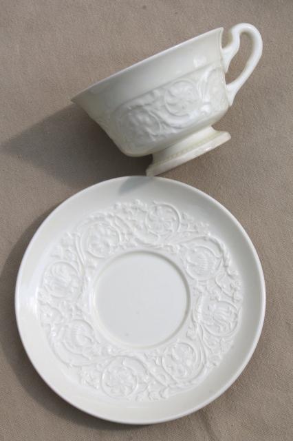 photo of vintage Wedgwood creamware ivory china cups & saucers, Patrician embossed border #6