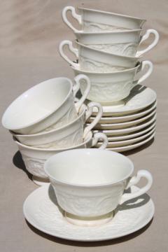 catalog photo of vintage Wedgwood creamware ivory china cups & saucers, Patrician embossed border