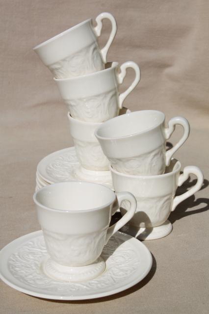 photo of vintage Wedgwood creamware ivory china demitasse cups & saucers, Patrician embossed border #2