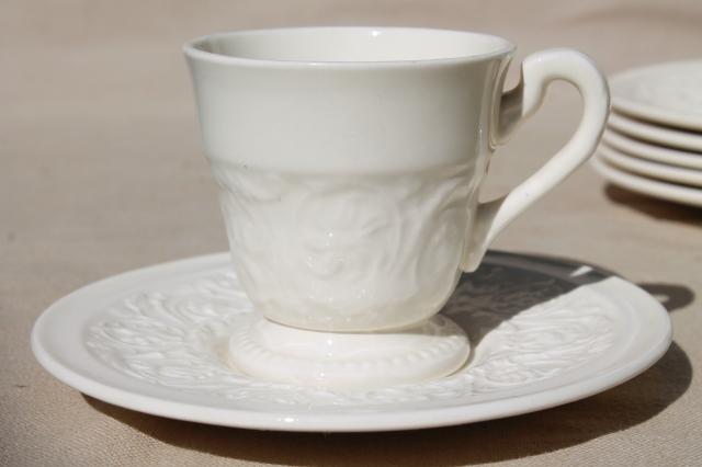 photo of vintage Wedgwood creamware ivory china demitasse cups & saucers, Patrician embossed border #3