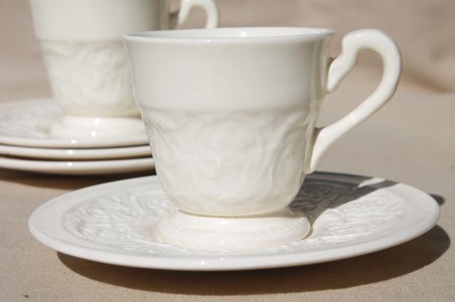 photo of vintage Wedgwood creamware ivory china demitasse cups & saucers, Patrician embossed border #2