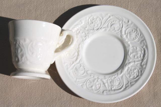 photo of vintage Wedgwood creamware ivory china demitasse cups & saucers, Patrician embossed border #4